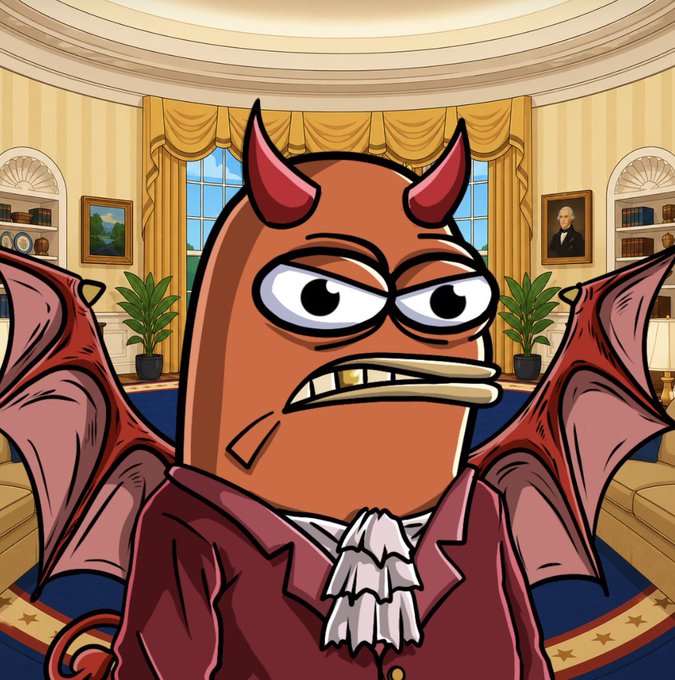 A cartoon devil character with red horns, bat wings, and fangs wears a colonial-era maroon coat and ruffled cravat in a parody of the Oval Office, with a portrait of George Washington visible on the right wall. The meme cleverly merges demonic imagery with presidential aesthetics to humorously reference a bullish market rally ("Mint time! LFG! The Bo(o)bs doing good").