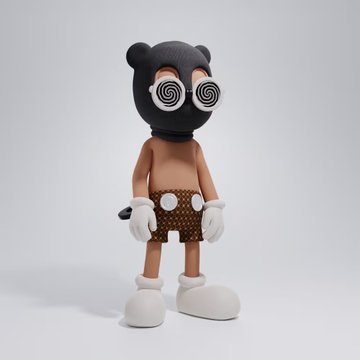 A 3D-rendered character wearing a black bear-eared hood, spiral-patterned sunglasses, brown polka-dot shorts, and white gloves and shoes stands against a plain background.