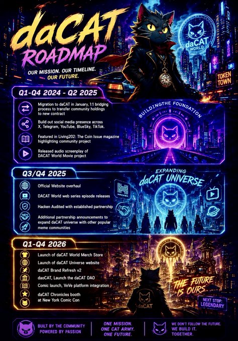 A colorful 'daCAT ROADMAP' infographic outlines the crypto meme project's timeline from Q1-Q4 2024 to Q1-Q4 2026, featuring neon cyberpunk cat imagery and milestones.