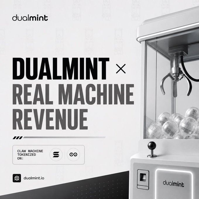 Dualmint promotional graphic 'DUALMINT × REAL MACHINE REVENUE' announcing claw machine tokenization on Solana, featuring a black and white image of a physical claw machine filled with metallic capsules.