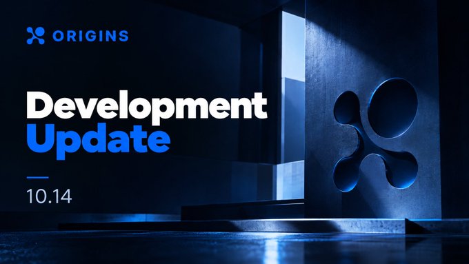 A dark blue graphic titled "ORIGINS Development Update 10.14" featuring a large metallic XRP logo on the right.