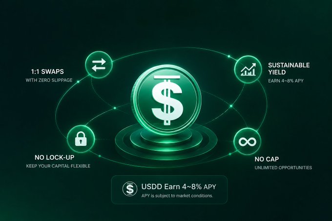 USDD promotional graphic highlighting features: 1:1 swaps with zero slippage, sustainable yield (4-8% APY), no lock-up, and no cap.