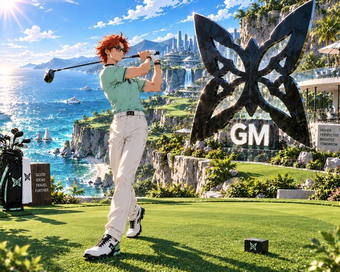 An anime-style illustration of a red-haired golfer swinging a club on a coastal course, with a large butterfly logo containing 'GM' and a sign reading 'GOOD IDEAS TRAVEL FURTHER' in the background.