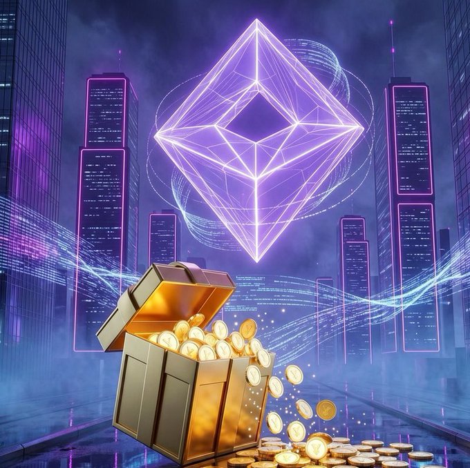 Digital artwork depicting a glowing purple Ethereum logo over a futuristic cityscape, with a gold treasure chest overflowing with coins in the foreground.