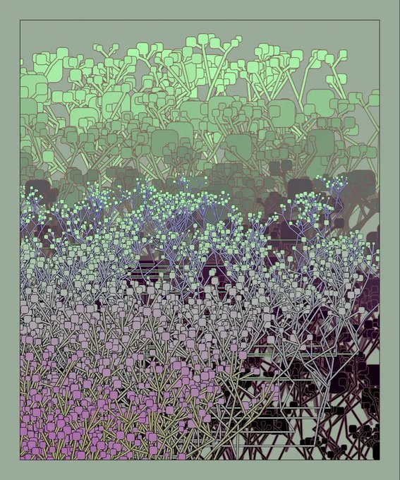 A digital artwork depicting a dense, stylized forest of green and purple cubic trees with a small ladder, visually representing the 56 newly minted "Rodeo Redux" collection pieces on the Ethereum blockchain, each available for .0001 ETH during a 24-hour open edition drop.