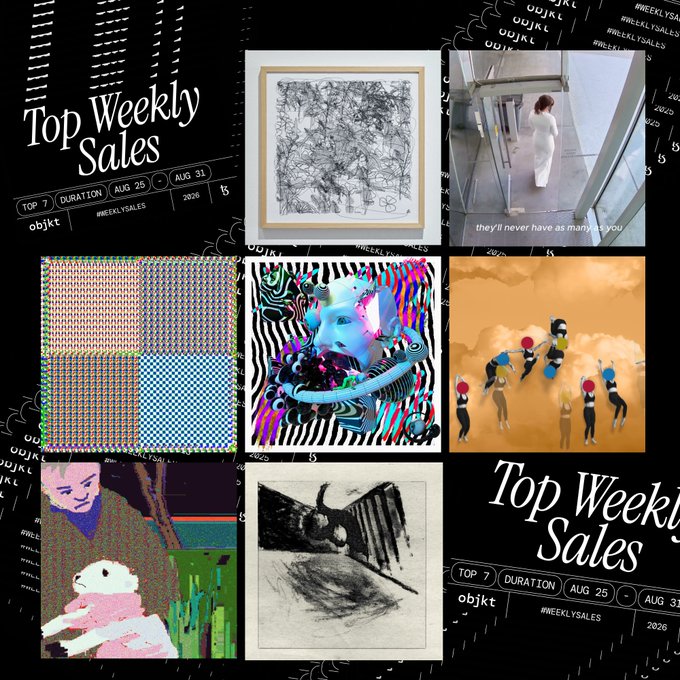 A collage titled 'Top Weekly Sales' on objkt (AUG 25 – AUG 31, 2026), displaying seven diverse digital artworks including abstract patterns, glitch portraits, and surreal scenes.