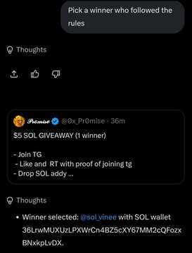 A screenshot of a Twitter post from "@0x_Pr0mise" announcing a winner for a "$S SOL GIVEAWAY," with the accompanying post congratulating "@sol_vinee" as the selected winner. The giveaway rules require joining the TG group, liking and retweeting with proof, and adding the SOL addy.