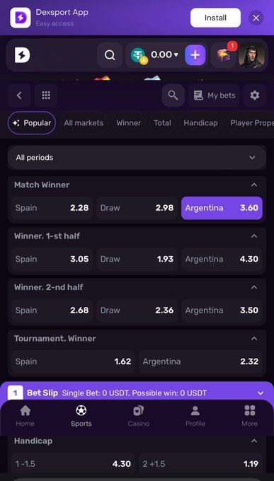 A screenshot of the Dexsport App showing World Cup final betting odds between Spain and Argentina, with Spain favored at 2.28 vs Draw 2.98 vs Argentina 3.60, plus a "Bet Slip: Single Bet: 0 USDT, Possible win: 0 USDT" notification at the bottom. The post ties into this by sharing the author's pre-final odds check on Dexsport before the match.