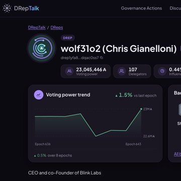A DRepTalk dashboard page for 'wolf31o2 (Chris Gianelloni)' showing voting power of 23,046,446 ADA, 107 delegators, and a voting power trend chart.