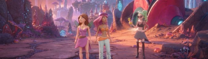 Three animated fairy-like characters stand in a colorful, magical landscape with glowing crystals, mushrooms, and rock formations.
