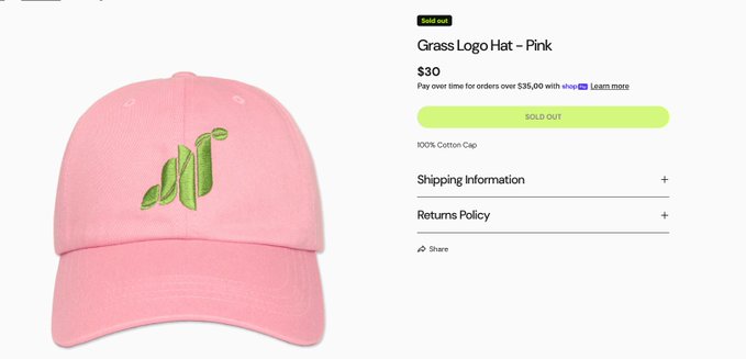 An online product listing shows a pink 'Grass Logo Hat' for $30, marked as 'SOLD OUT,' made of 100% Cotton Cap.