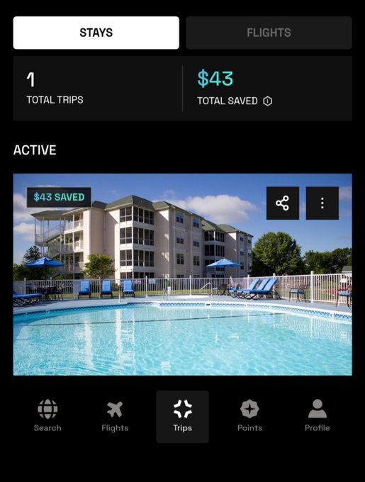A mobile app screenshot showing a travel rewards account with 'STAYS' and 'FLIGHTS' tabs, displaying '1 TOTAL TRIPS' and '$43 TOTAL SAVED', along with a photo of a hotel with a pool and lounge chairs.