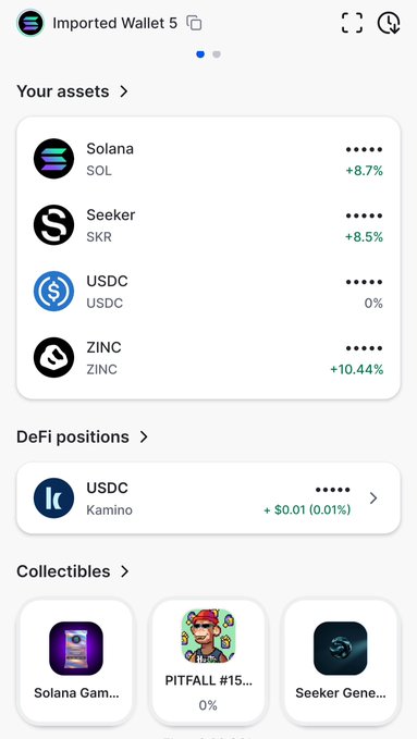A mobile wallet interface titled "Imported Wallet 5" displays a "Your assets" section showing holdings in Solana (SOL, +8.7%), Seeker (SKR, +8.5%), USDC (0%), and ZINC (+10.44%), along with a DeFi position in USDC via Kamino ($0.01, 0.01%) and collectibles like "PITFALL #15..." and Solana/Seeker Genesis NFTs. The clean, organized layout exemplifies the post's claim of a streamlined UI for managing Solana assets, DeFi positions, and NFTs in one view.
