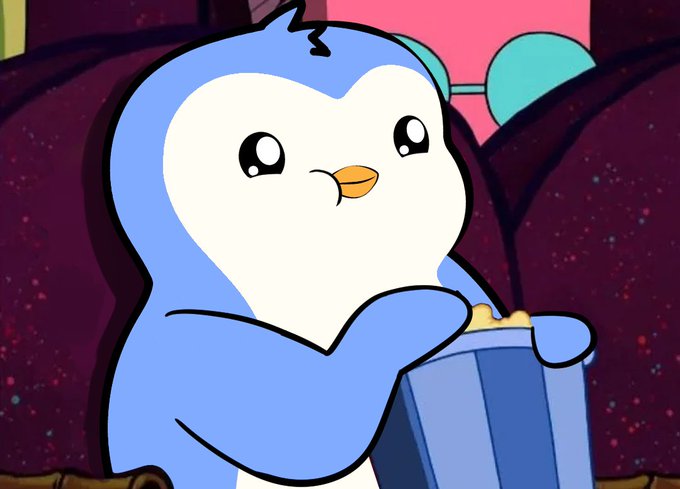 A cute blue cartoon penguin with large expressive eyes sits contentedly while holding a bucket of what appears to be fish, set against a cosmic purple background — the penguin character resembles Pudgy Penguins, tying into the post about the $PENGU token having bottomed with a bullish chart outlook.