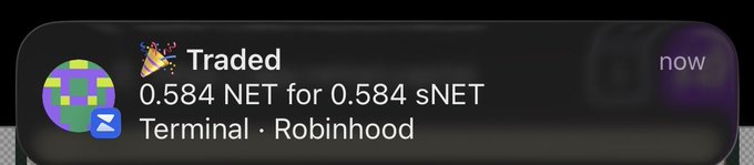 A mobile notification from Robinhood Terminal shows a recent trade of 0.584 NET for 0.584 sNET, illustrating the poster's point about acquiring small amounts of sNET during a $NET pullback.