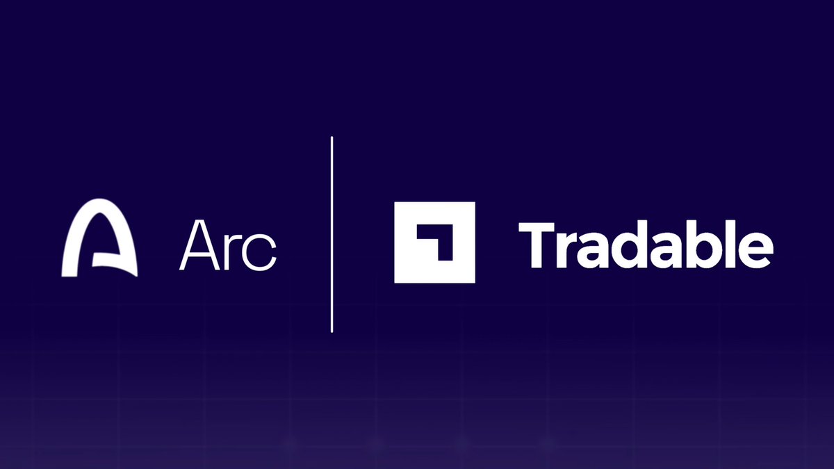 A graphic logo on a dark blue background displaying two white brand logos side-by-side, separated by a vertical line: 'Arc' with its arch symbol, and 'Tradable' with its square symbol.