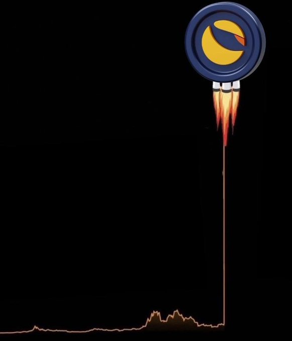 A Terra (LUNC) logo shaped like a rocket blasts off vertically with fiery flames against a black background, leaving behind a line graph trail showing a sudden spike in price action. The image visually represents the post's call for a LUNC bull run, with the rocket's steep ascent symbolizing the cryptocurrency's explosive upward momentum.