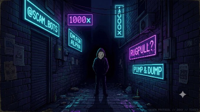 A dark, neon-lit illustration depicts a hooded figure standing in an alleyway surrounded by glowing signs with crypto-related warnings and terms like '@SCAM_BOT$', '1000X', 'UM FOR ALPHA', 'RUGPULL?', and 'PUMP & DUMP'.