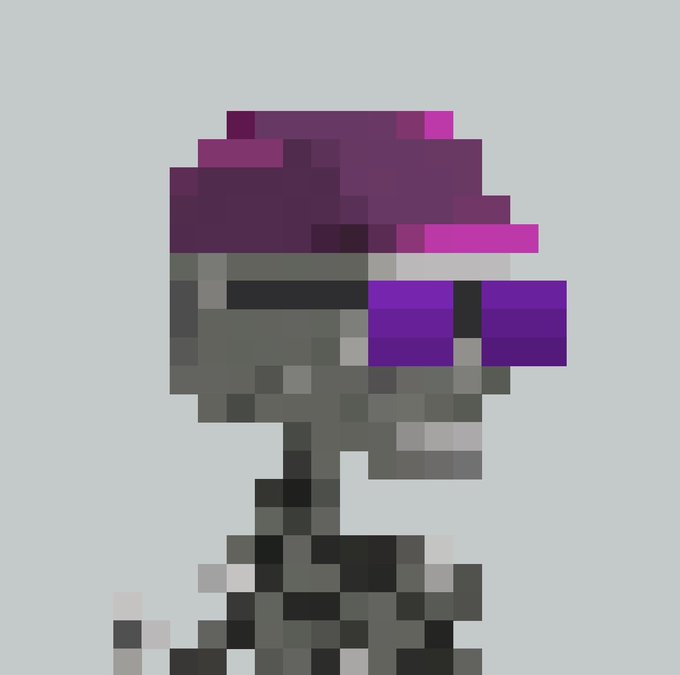 A pixelated image of a character wearing a large purple hat and purple visor with gray armor on a light blue background.