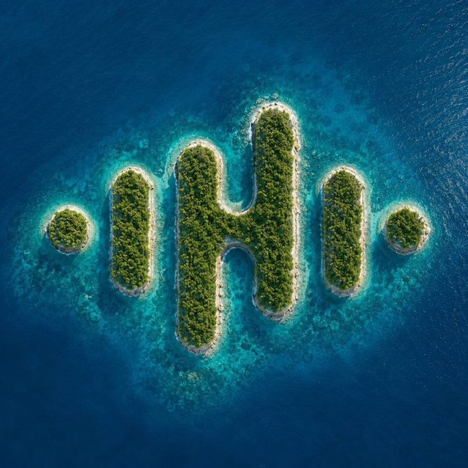 An aerial view shows small, tree-covered islands arranged to form a shape resembling an electrocardiogram or sound wave in turquoise ocean water.