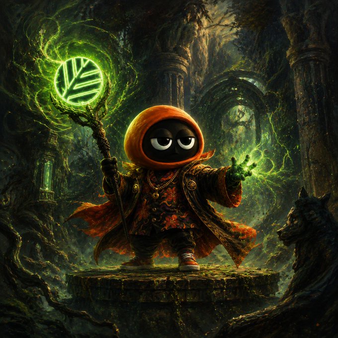A small hooded sorcerer figure stands on a stone pedestal in an enchanted forest, wielding a staff with a glowing green leaf emblem and conjuring green magic from its other hand, while a wolf watches from the shadows—symbolizing Canopy Network's guardian role in nurturing blockchain projects with the security and liquidity they need to survive beyond launch.