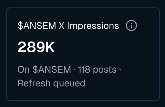 A dark dashboard panel showing '$ANSEM X Impressions' with 289K on 118 posts with 'Refresh queued' status.