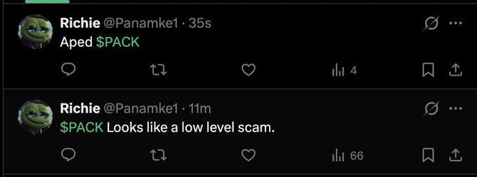 Two tweets from user 'Richie @Panamke1' stating '$PACK Looks like a low level scam.' followed by 'Aped $PACK', showing 66 and 4 views respectively.
