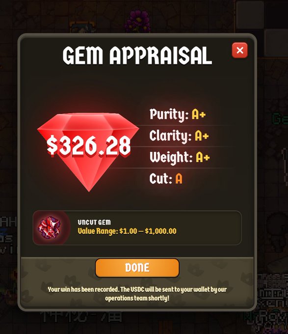 A "Gem Appraisal" screen displays a red gem valued at $326.28 with high ratings (Purity, Clarity, and Weight all A+; Cut A), labeled as an "UNCUT GEM" with a value range of $1.00 – $1,000.00, confirming the player's win will be sent as USDC. This illustrates the reward mechanics of Cambria's risk-to-earn fishing MMO, supporting the claim that it offers positive expected value through gameplay.