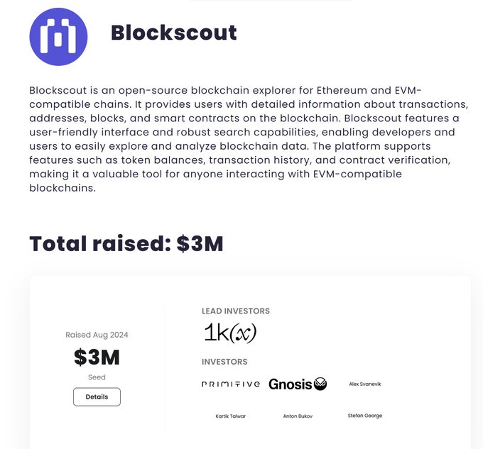 The image features a white and blue screenshot of an advertisement or promotional piece related to cryptocurrency called "Blockscout" which appears to be targeting users interested in Ethereum. The ad highlights the company's capability to explore, analyze, and analyze blockchain information for various services such as transactions, addressing potential issues with it, and the benefits it can provide for users interested in investing in Ethereum and its underlying platform, EVM. The advertisement also mentions that blockscan be raised to $3m to fund these efforts, indicating a successful project or event where the company has generated substantial funds through donations.
