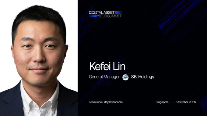 A professional headshot of Kefei Lin, General Manager at SBI Holdings, presented as a speaker for the Digital Asset Yield Summit in Singapore on 6 October 2026, directing viewers to daysevent.com.