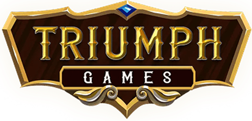 A decorative golden emblem with the text 'TRIUMPH GAMES' on a dark red shield-like background with a blue gem at the top.