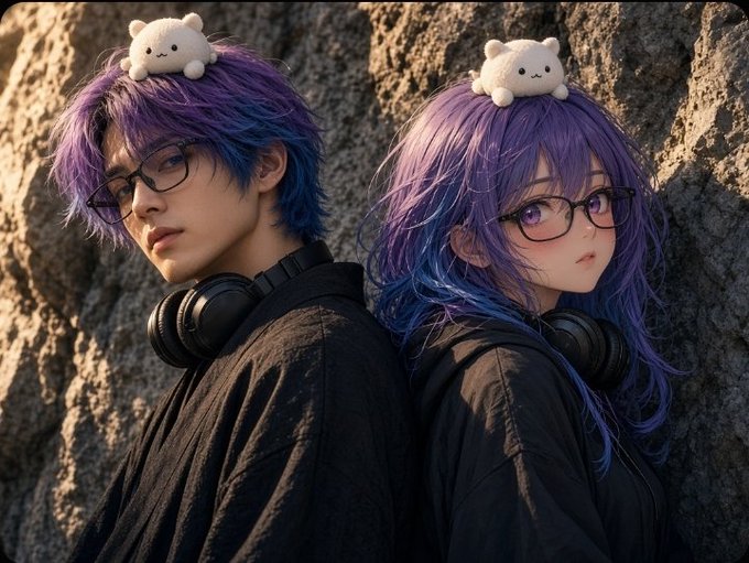 Two figures back-to-back with purple and blue gradient hair, wearing black tops and headphones, each with a small white plush creature resting on their head.