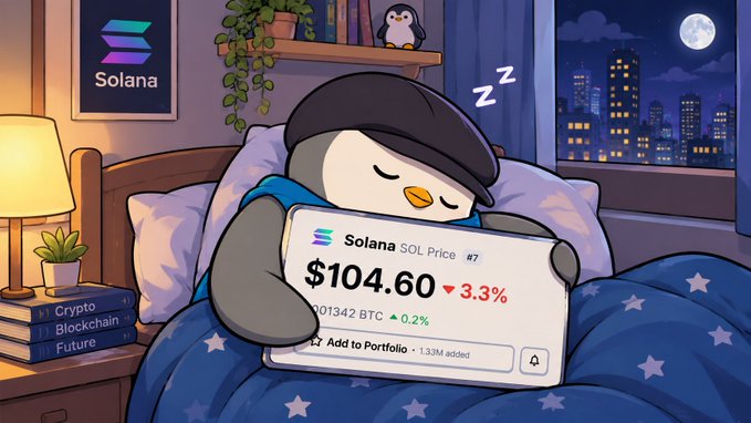 A cartoon penguin sleeping in bed while holding a tablet displaying Solana (SOL) price at $104.60, down 3.3%, with a Solana poster on the wall.
