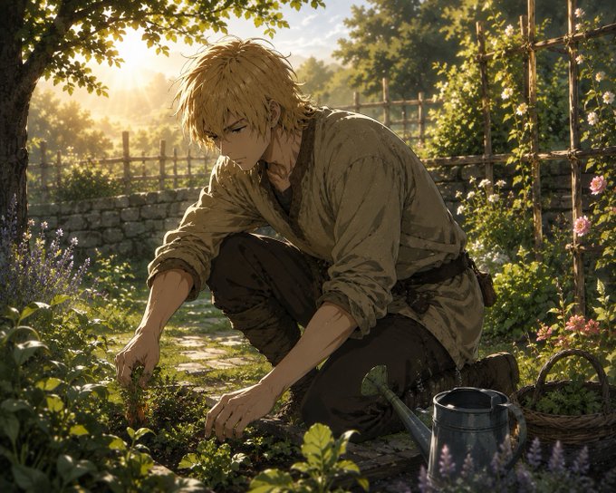 An anime-style illustration of a blond-haired young man kneeling in a lush garden, tending to plants with a watering can beside him.