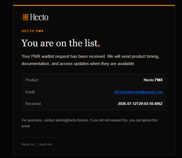 An email confirmation from Hecto for 'HECTO PMX' stating 'You are on the list,' received on 2026-07-12 at 20:02:50 from afrojfhatharvest@gmail.com.