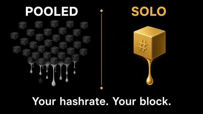 A graphic comparing 'POOLED' mining with many black cubes to 'SOLO' mining with a single gold cube, featuring the text 'Your hashrate. Your block.'