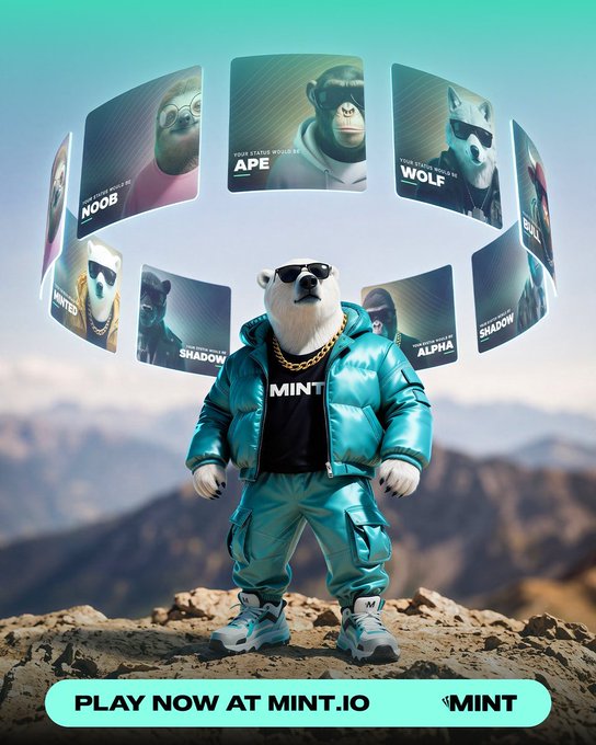 A bear mascot character wearing sunglasses, a gold chain, and a teal puffer jacket stands on a rocky mountain peak, surrounded by a ring of character cards labeled 'NOOB,' 'APE,' 'WOLF,' 'SHADOW,' 'ALPHA,' 'MINTED,' and 'HUNTER,' with a call to action 'PLAY NOW AT MINT.IO' and the 'MINT' logo.