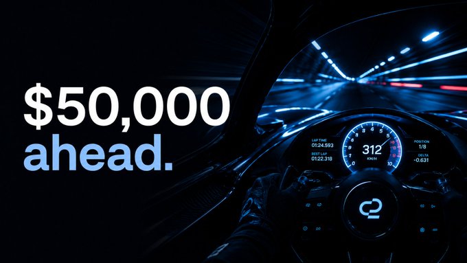 The image shows a car's dashboard with various gauges, including speedometer, fuel gauge, and odometer. The text "$50,000 Ahead" is displayed above the dashboard, indicating that there might be an upcoming $50,000 USDC competition or event related to trading in o2.