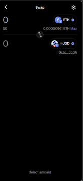 A mobile app screenshot showing a 'Swap' interface for exchanging ETH with a 'Max' token, noting '0.000009%1 ETH Max' and '2xax -3550A'.