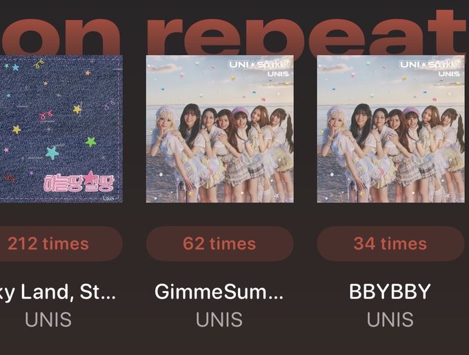 A music streaming app screenshot titled 'on repeat' showing UNIS songs - 'Lucky Land, St...' played 212 times, 'GimmeSum...' played 62 times, and 'BBYBBY' played 34 times.