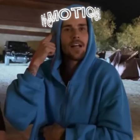 A young man wearing a blue hoodie poses with his hand to his ear, with a vehicle visible in the background. The text "MOTION" appears in stylized red lettering at the top of the image, highlighting the cryptocurrency ticker ($MOTION) being promoted in the accompanying post about committed crypto projects with better risk/reward potential.