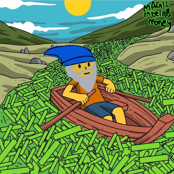 A cartoon illustration depicts a bearded character in a blue cap rowing a boat through a sea of green bamboo stalks, with the text 'MAGIC INTERNET MONEY' in the upper right corner.