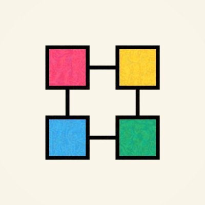 A simple graphic design featuring four colored squares (pink, yellow, blue, green) arranged in a larger square formation connected by black lines on a cream background.