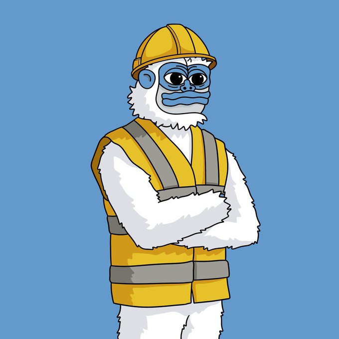 A cartoon illustration of a gorilla or monkey dressed as a construction worker, wearing a yellow hard hat and a reflective safety vest over its arms crossed.