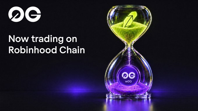 An advertisement reads 'Now trading on Robinhood Chain' with the 'OG wOG' logo next to a glowing hourglass containing green sand.