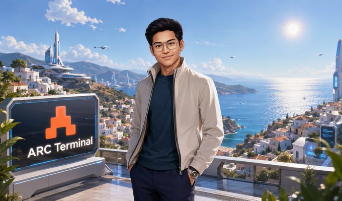 An AI-generated image of a young man wearing glasses and a beige jacket standing on a futuristic balcony with an 'ARC Terminal' sign, overlooking a coastal city with flying vehicles.
