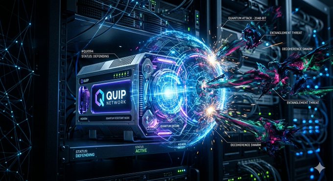 A neon sign displaying "Quip Network" next to a black server with the words "True decentralization never takes a night off. See you at". The server has some graphics of explosions on its side, suggesting that Quip's network is performing some intense work behind it. The image also mentions GM CT Rest easy, which could be referring to the company behind the server.