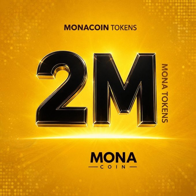 A bold promotional graphic featuring a vibrant yellow background displays large metallic black and gold "2M" lettering in the center, surrounded by the text "MONACOIN TOKENS" at the top, "MONA TOKENS" along the right side, and "MONA COIN" branding at the bottom, visually representing the 2,000,000 Monacoin ($MONA) tokens being offered in the advertised airdrop giveaway.