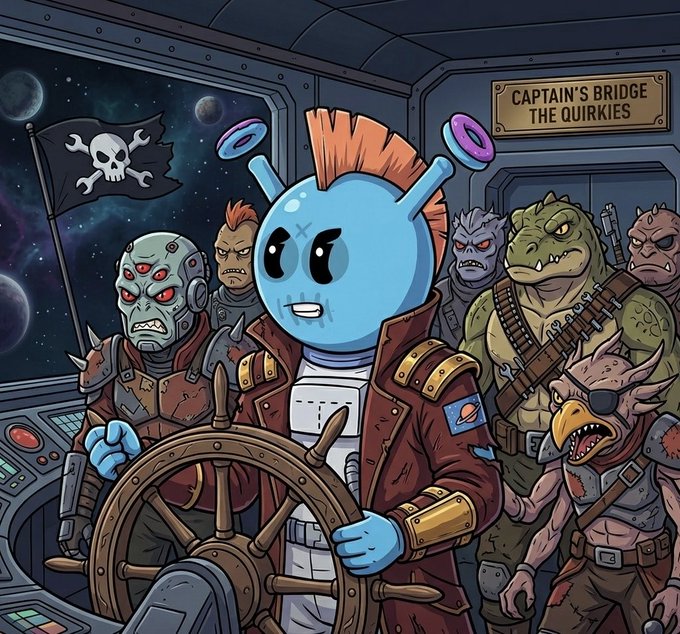The cartoon image shows a blue, antenna-headed alien captain steering a pirate ship's wheel on a space vessel's "Captain's Bridge - The Quirkies," surrounded by a ragtag crew of monstrous, weapon-toting aliens alongside a skull-and-crossbones flag—visually embodying the "ROLL DEEP!!" post by showcasing a large, fierce NFT crew assembled together.