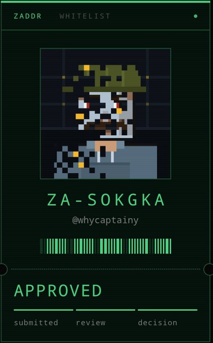 A digital 'WHITELIST' approval card featuring pixel art of a soldier in a green beret with the username 'ZA-SOKKA' (@whycaptainy) marked as 'APPROVED'.